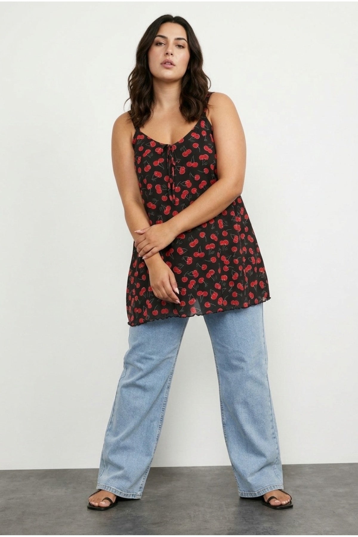 Plus Size V-Neck Strappy Tie-Detail Patterned T-shirt