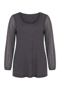Plus Size Long Tulle Sleeve Stone Embellished Front Crew Neck Blouse