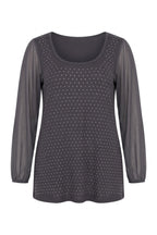Plus Size Long Tulle Sleeve Stone Embellished Front Crew Neck Blouse