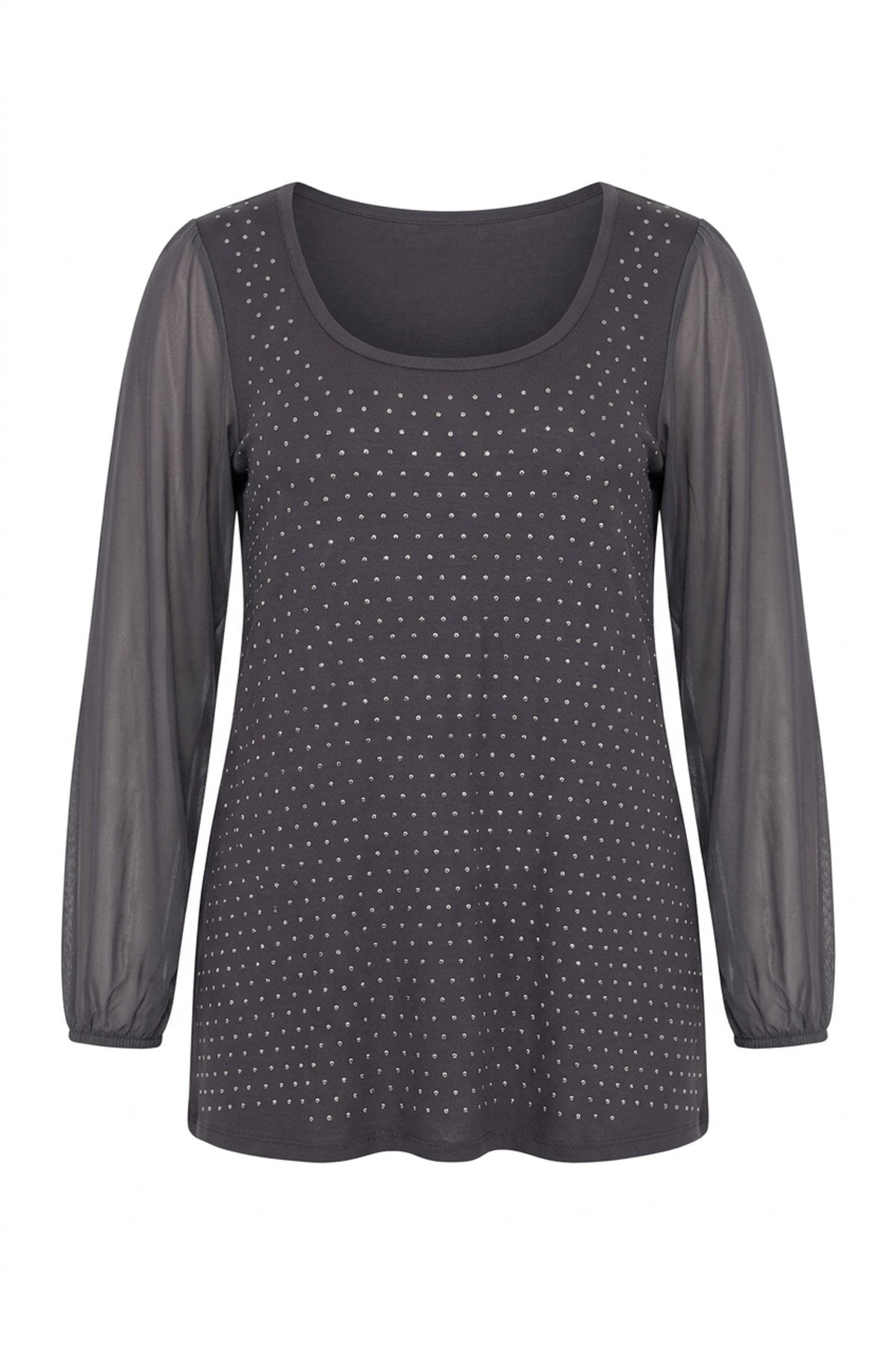 Plus Size Long Tulle Sleeve Stone Embellished Front Crew Neck Blouse