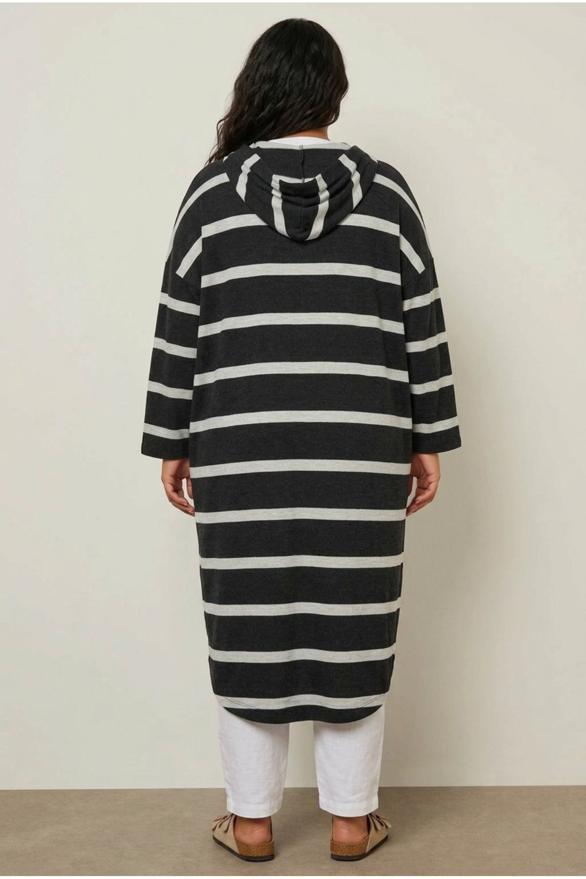 Plus Size Striped Stretchy Fabric Button-Front Pocketed Long Cardigan