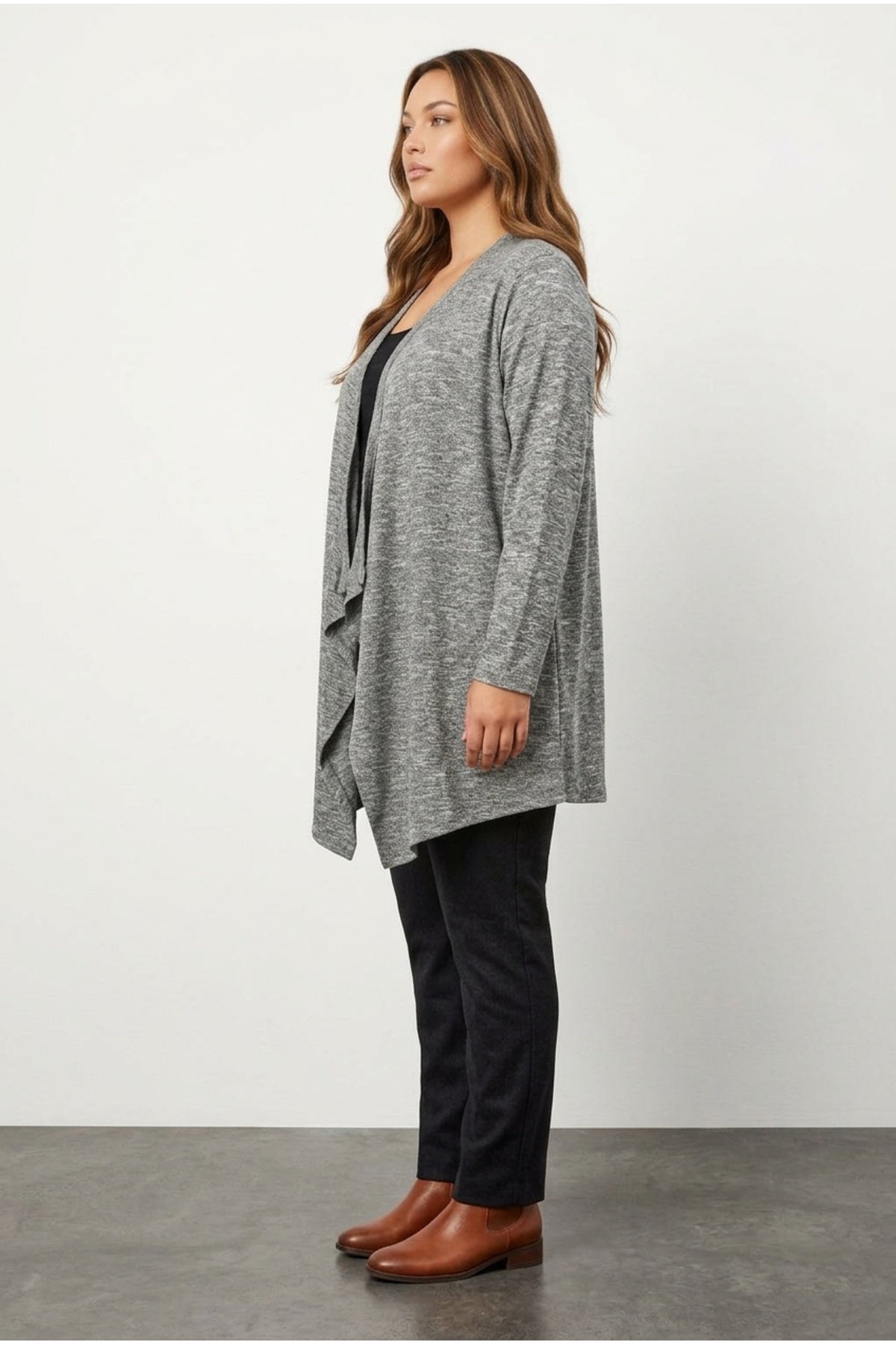 Plus Size Open Front Long Sleeve Asymmetrical Cut Thin Cardigan