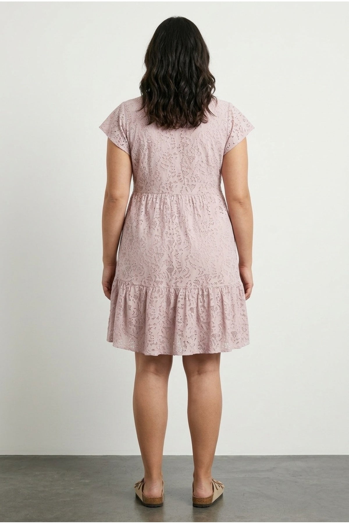 Plus Size V-Neck Short Sleeve Lace Detailed Ruffled Sleeve Lined Mini Dress