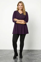 Plus Size Stone Embellished Shirred Sleeve Purple Plush Blouse