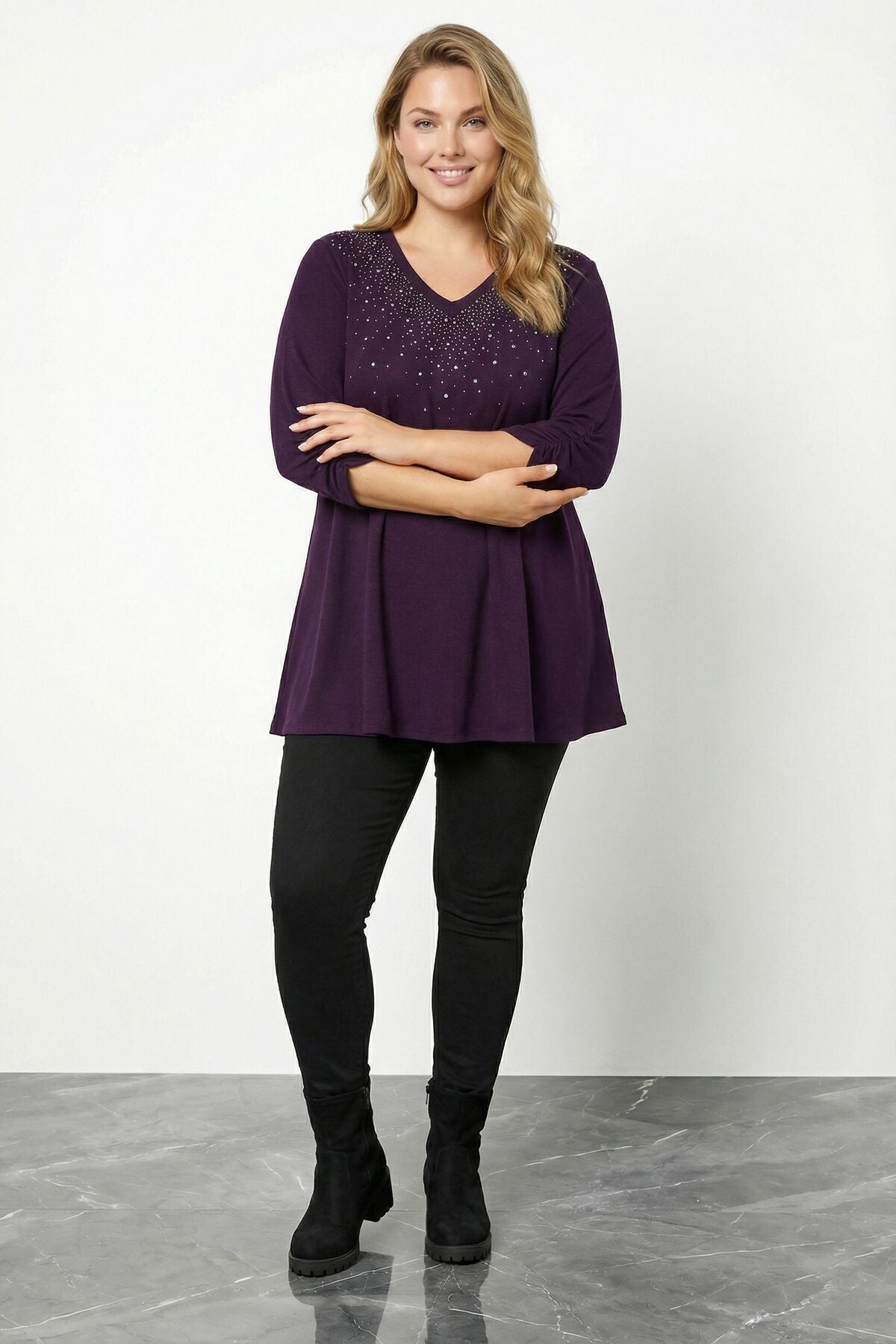 Plus Size Stone Embellished Shirred Sleeve Purple Plush Blouse