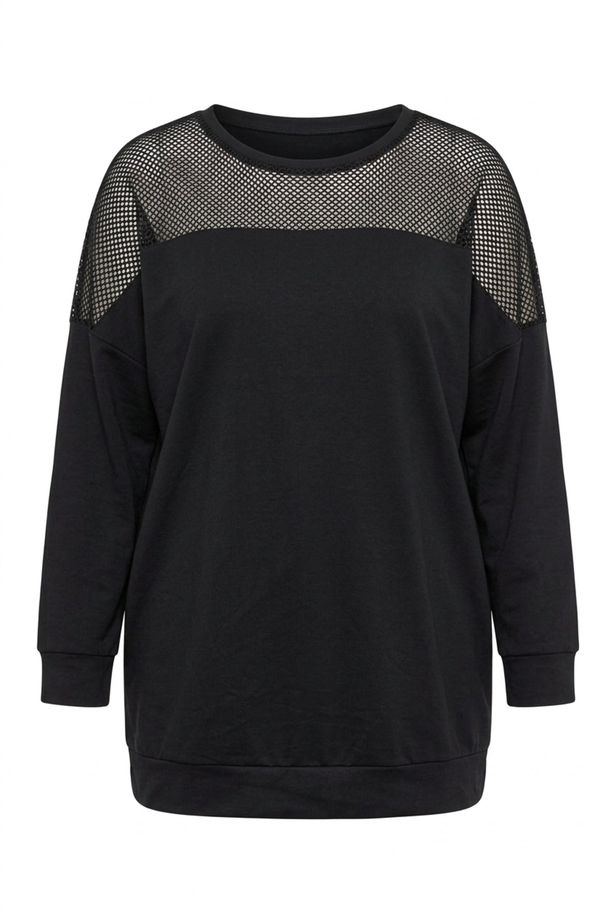 Plus Size Crew Neck Long Sleeve Mesh Detail Shoulder Sweatshirt