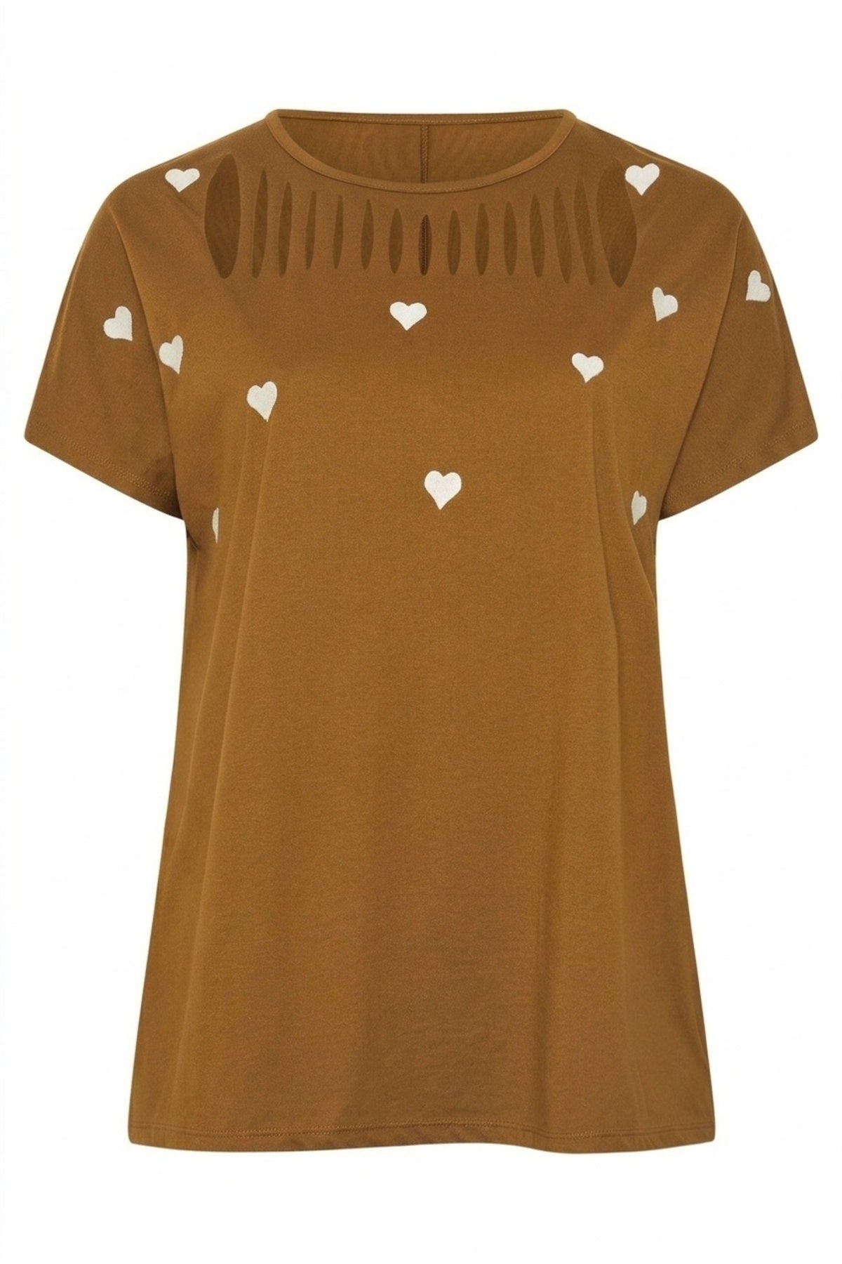 Plus Size Crew Neck Short Sleeve T-shirt with Heart Print and Ripped Detail