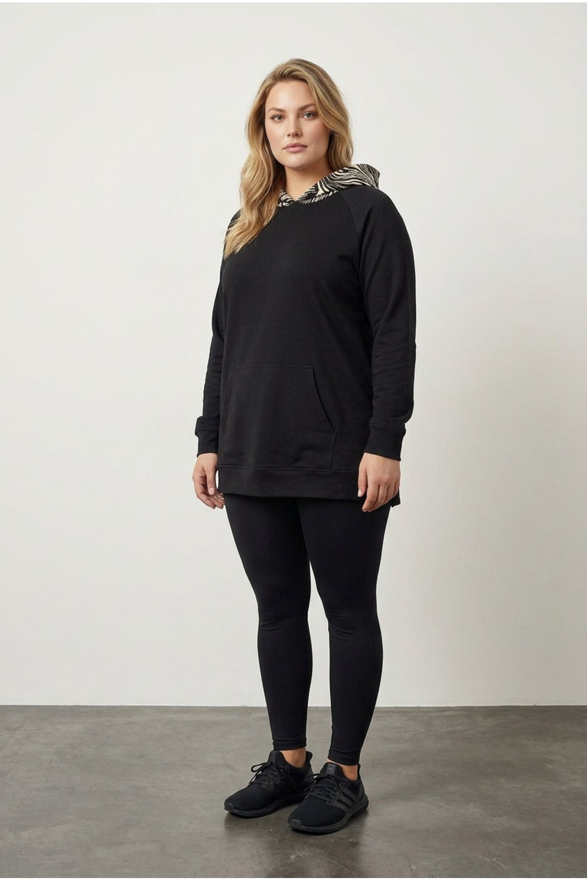 Plus Size Long Sleeve Pocketed Side Slit Patterned Hooded Sweatshirt