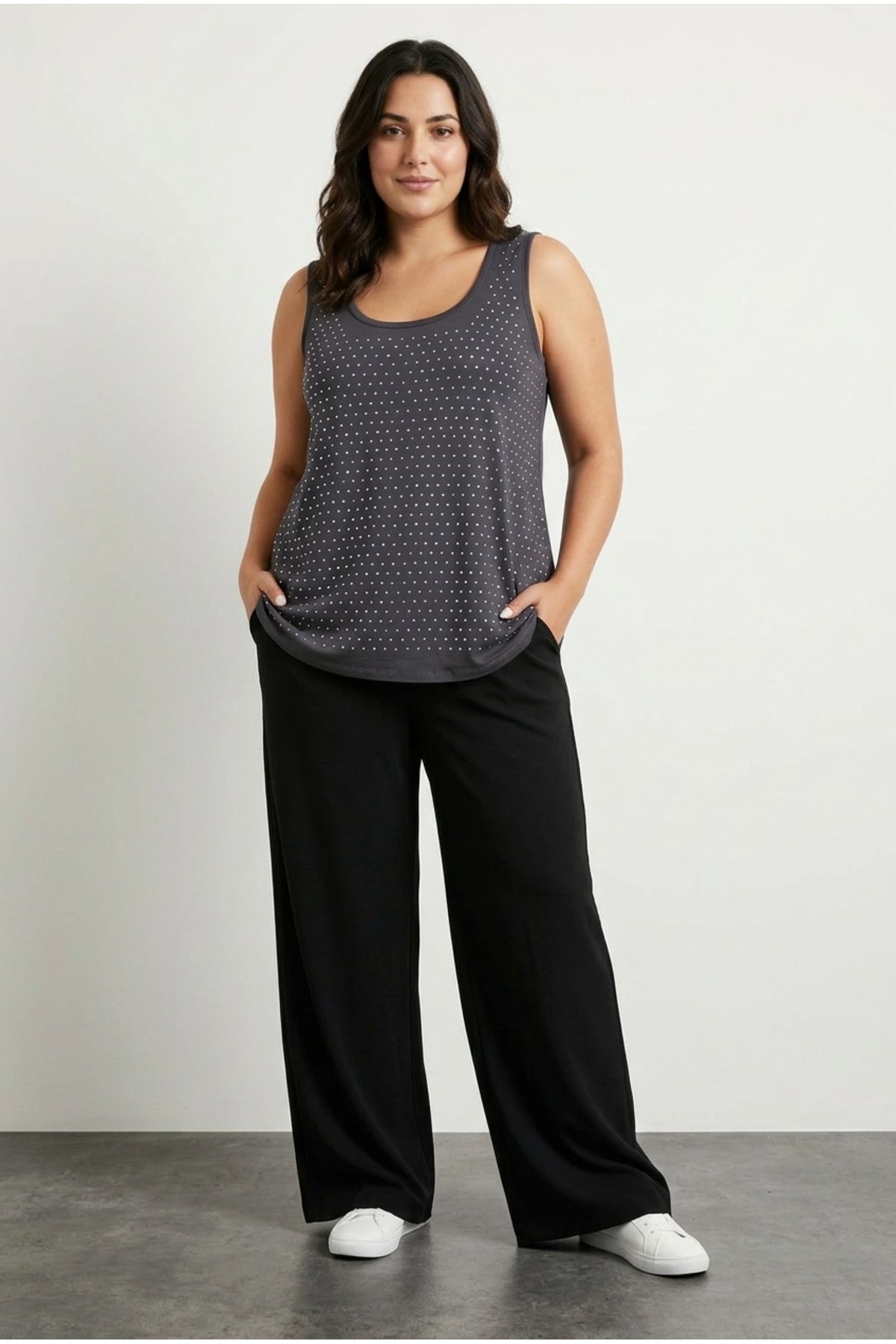 Plus Size Sleeveless Crew Neck Blouse with Front Stone Embellishment