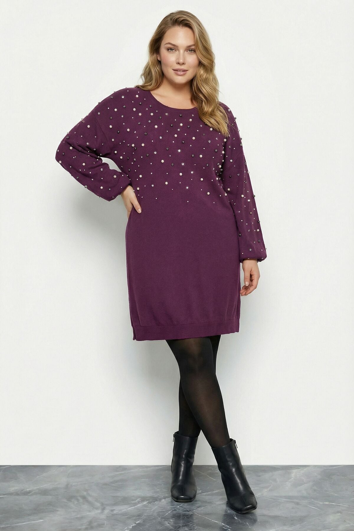 Plus Size Pearl and Stone Embroidered Soft Textured Purple Dress