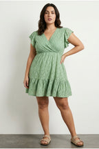 Plus Size V-Neck Sleeveless Lace Patterned Ruffled Sleeves Lined Dress