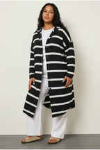 Plus Size Striped Stretchy Fabric Button-Front Pocketed Long Cardigan