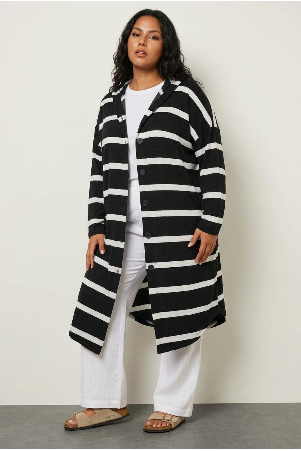 Plus Size Striped Stretchy Fabric Button-Front Pocketed Long Cardigan