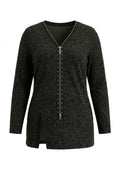 Plus Size V-Neck Front Zippered Slit Detail Leopard Print Blouse
