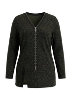 Plus Size V-Neck Front Zippered Slit Detail Leopard Print Blouse