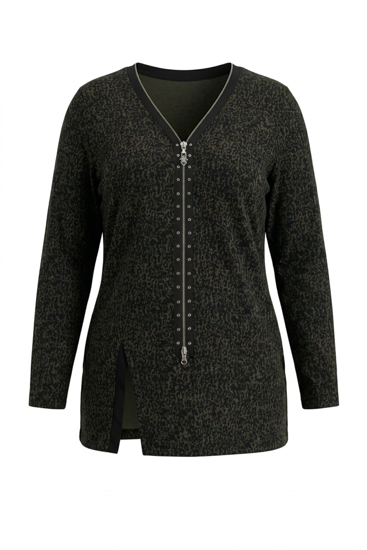Plus Size V-Neck Front Zippered Slit Detail Leopard Print Blouse