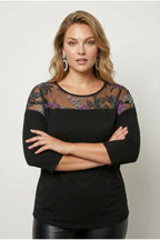 Plus Size Crew Neck Tulle Detailed Slim Sleeve Blouse