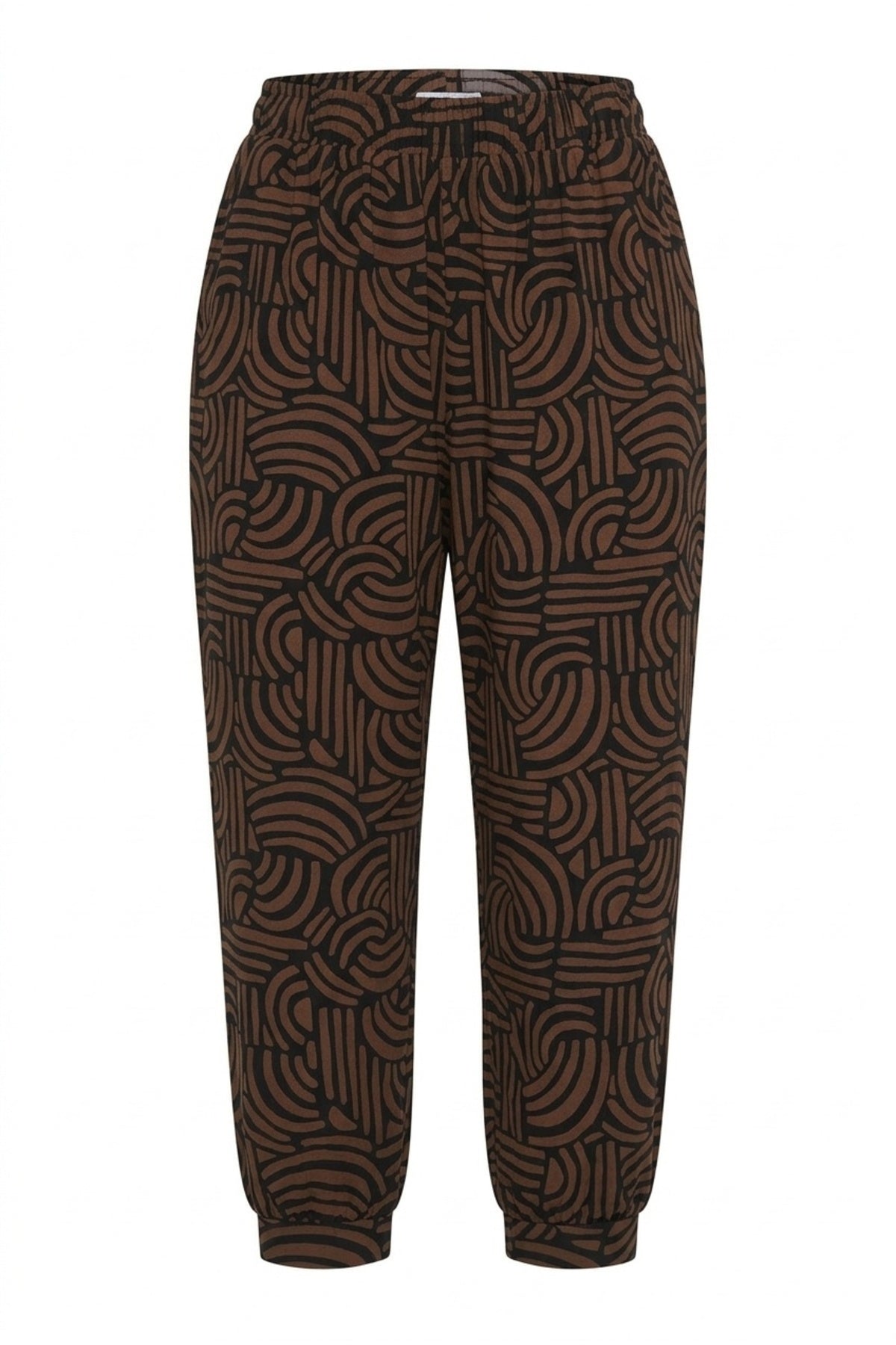 Plus Size Abstract Patterned Pants with Elasticated Waist, Cuffs, and Pockets