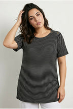 Plus Size Crew Neck Short Sleeve Shoulder Stud Detail Stretchy Fabric Striped Long T-shirt