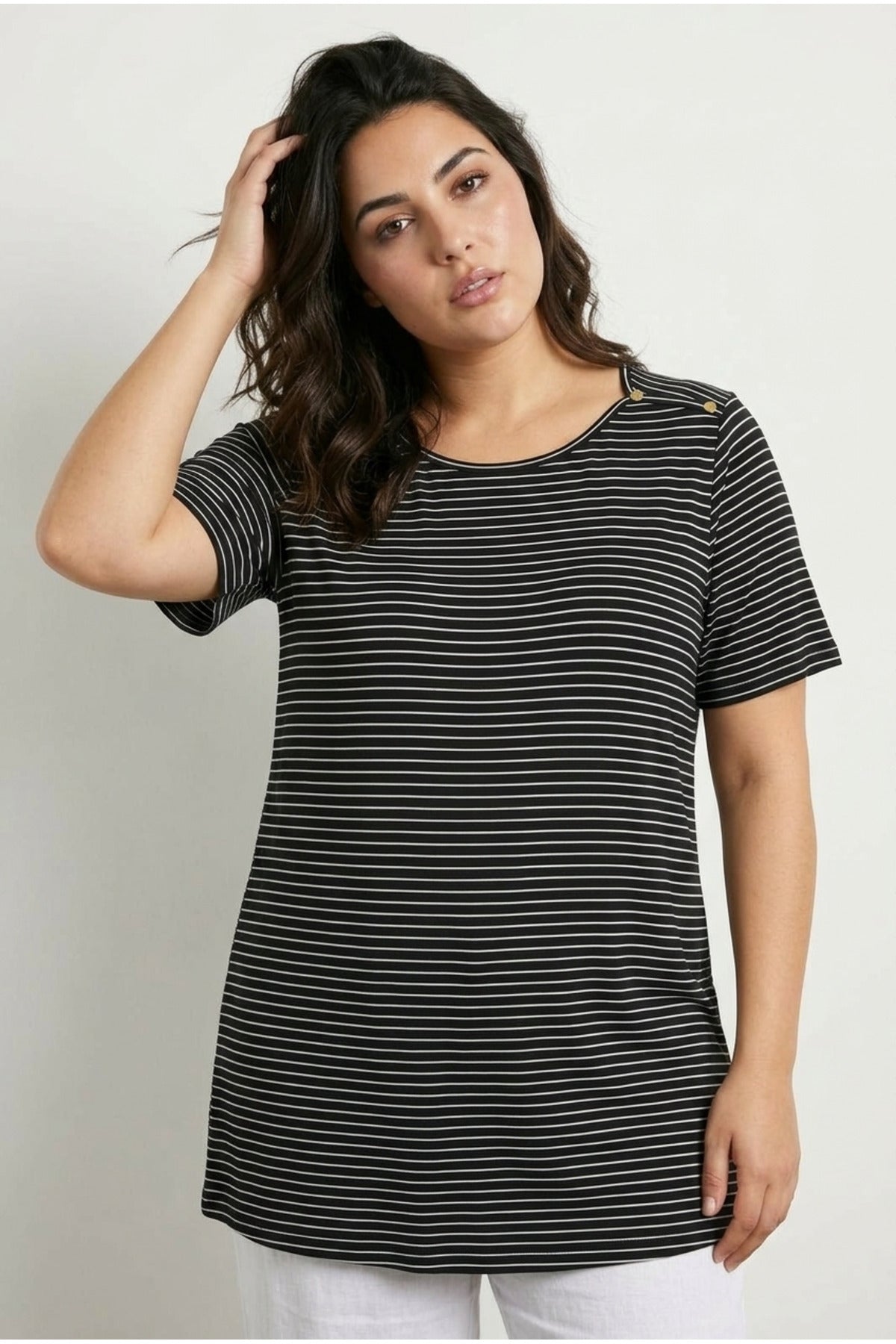 Plus Size Crew Neck Short Sleeve Shoulder Stud Detail Stretchy Fabric Striped Long T-shirt