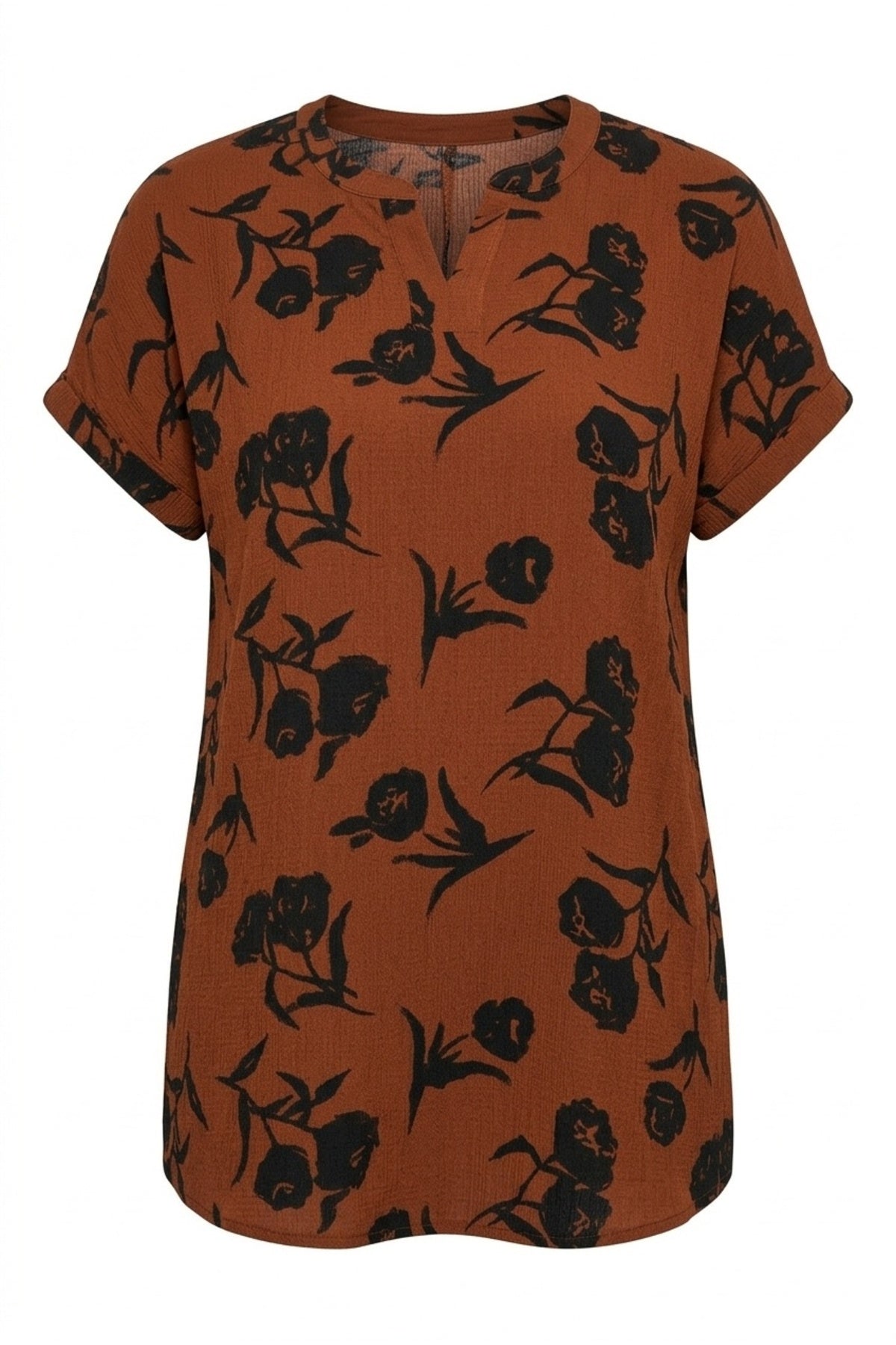 Plus Size V-Neck Short Sleeve Crinkled Fabric Floral Print T-shirt