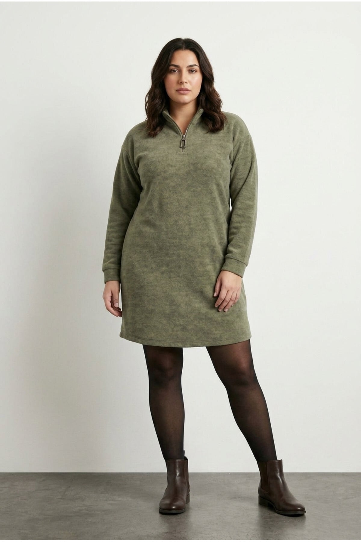 Plus Size Fluffy Textured Green Midi Dress