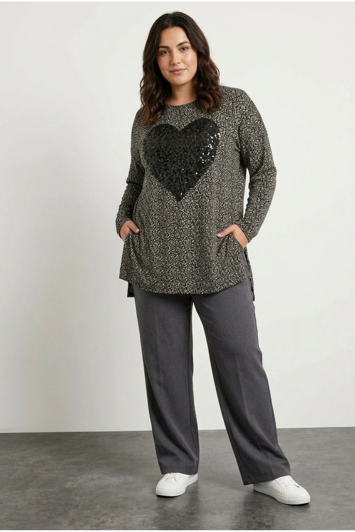 Plus Size Slit Detail Polka Dot Sequined Long Sleeve Crew Neck Blouse