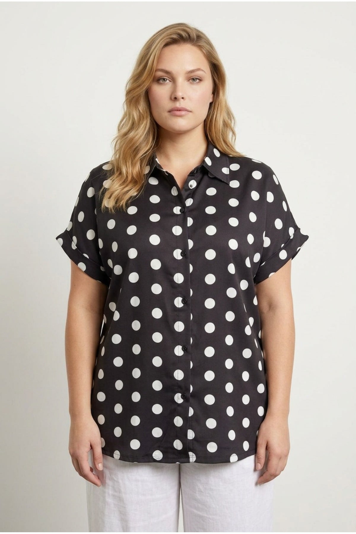 Plus Size Button-Front Short Sleeve Polka Dot Patterned Shirt