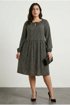 Plus Size Long Sleeve Abstract Patterned Midi Dress with Collar Detail