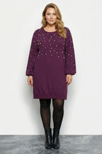 Plus Size Pearl and Stone Embroidered Soft Textured Purple Dress