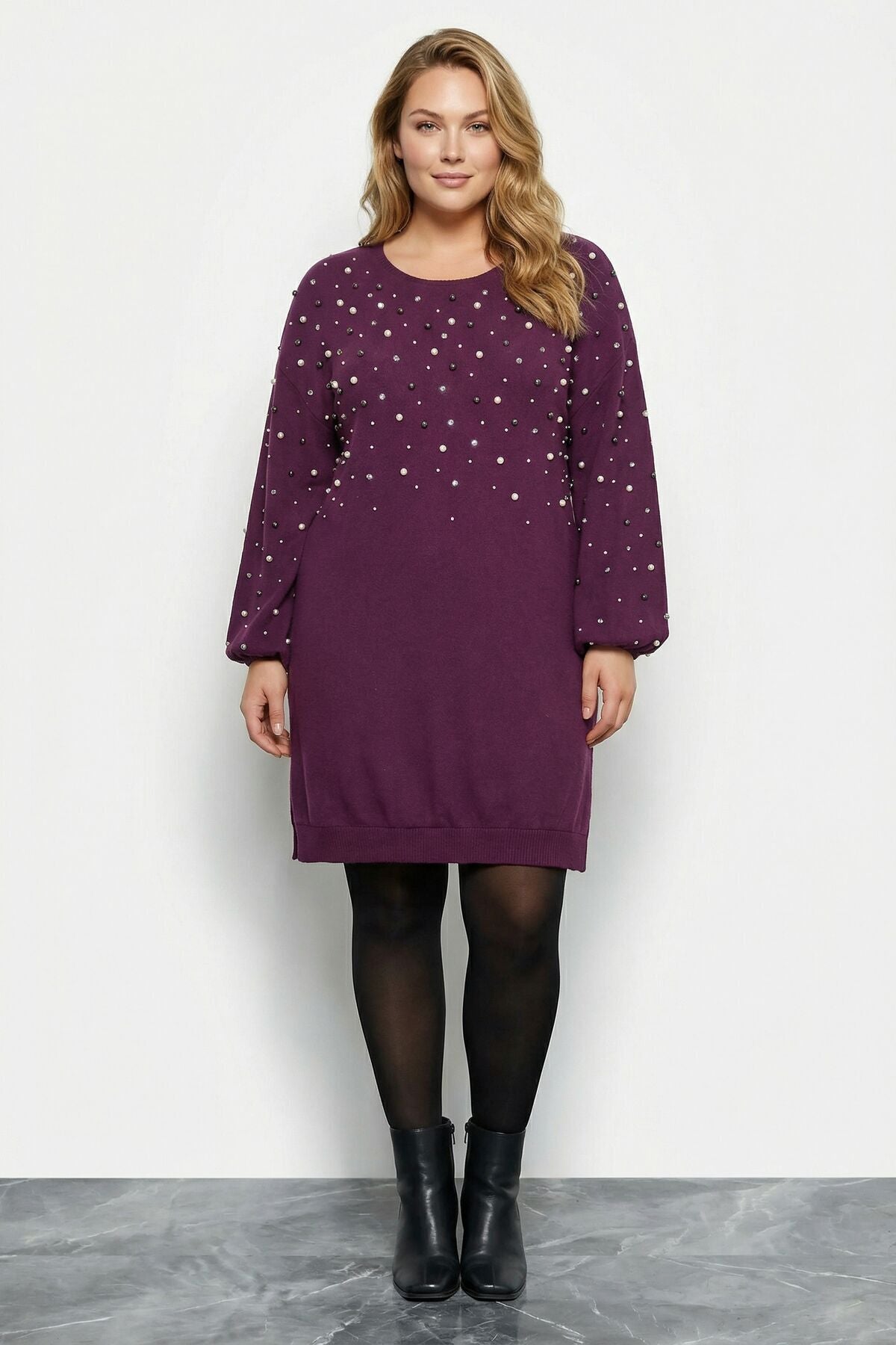 Plus Size Pearl and Stone Embroidered Soft Textured Purple Dress