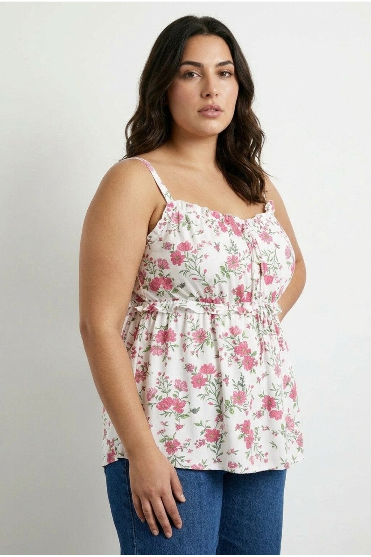 Plus Size Square Neck Strappy Floral Patterned T-shirt with String Detail