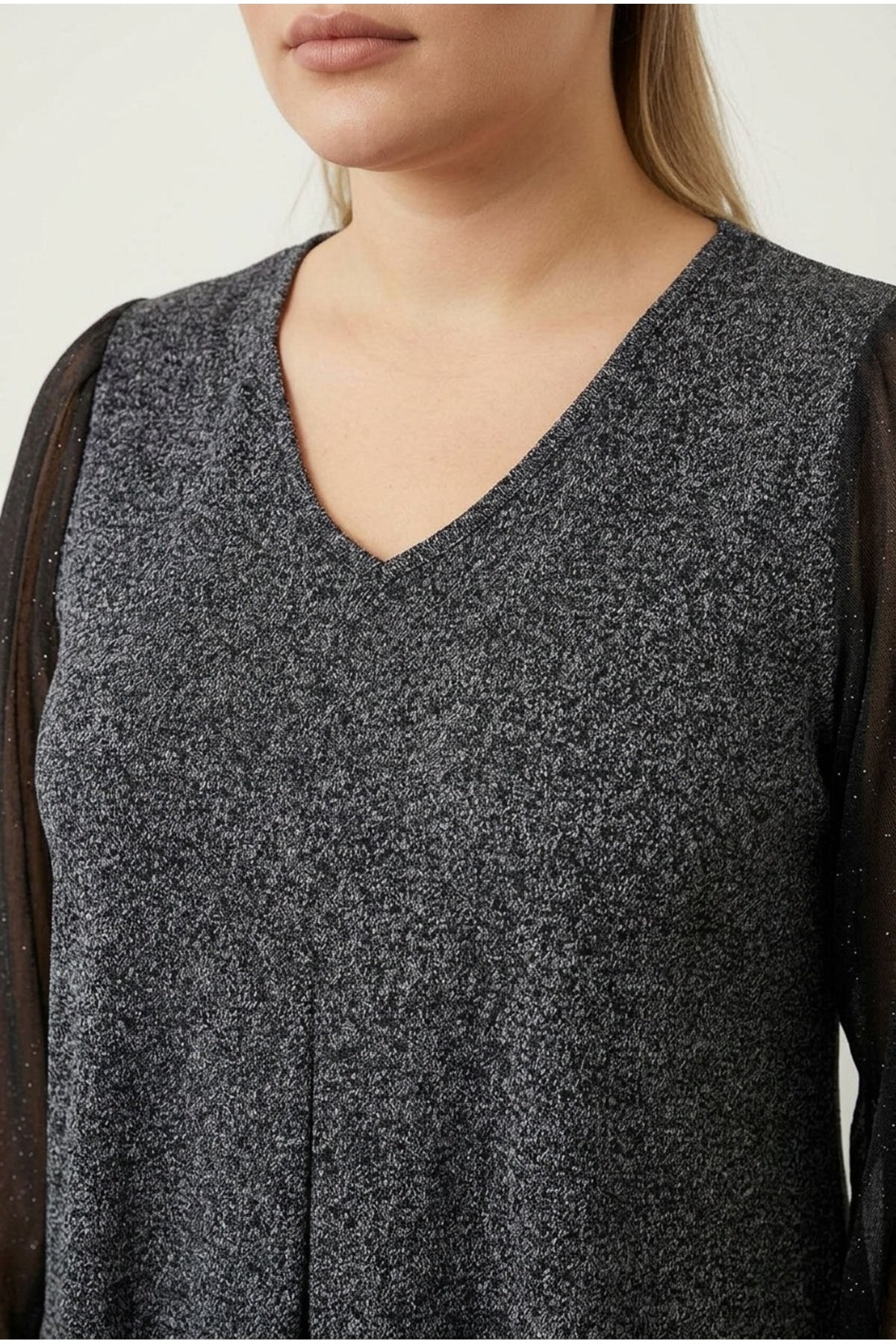 Plus Size Long Tulle Sleeve V-Neck Blouse with Elasticated Cuffs and Glitter Detail