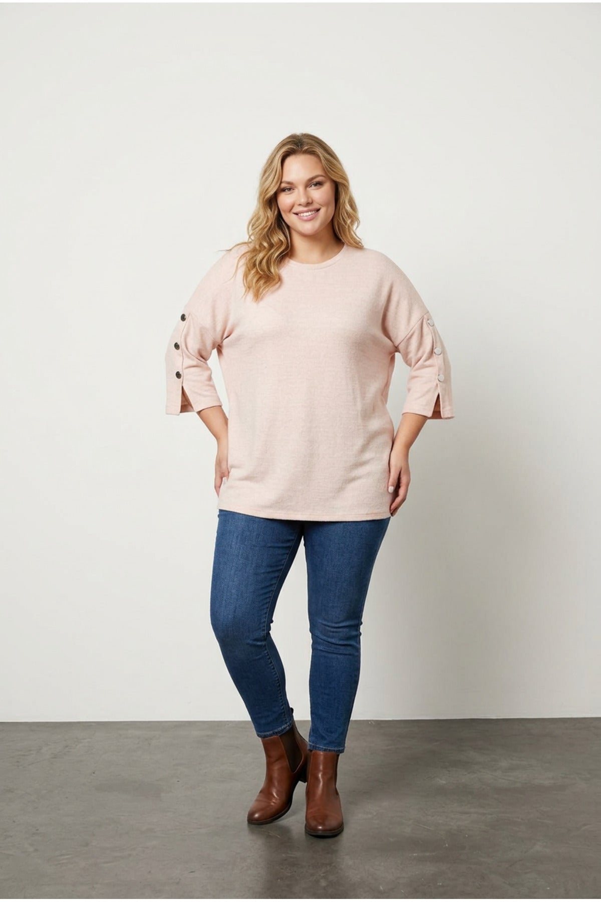 Plus Size Half Sleeve Crew Neck Button Detailed Sweater