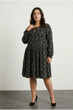 Plus Size Long Sleeve Patterned Dress with Tie-Neck Detail
