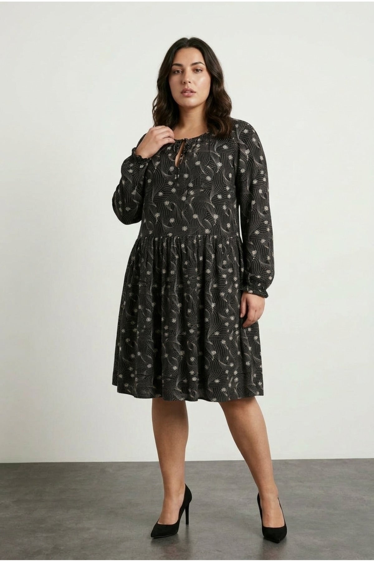 Plus Size Long Sleeve Patterned Dress with Tie-Neck Detail