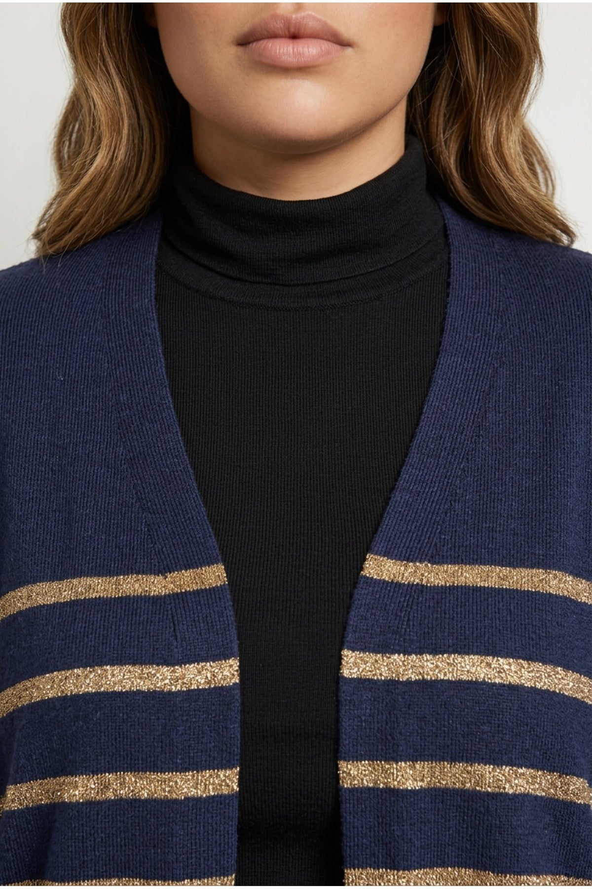 Plus Size Buttonless Long Sleeve Metallic Striped Cardigan