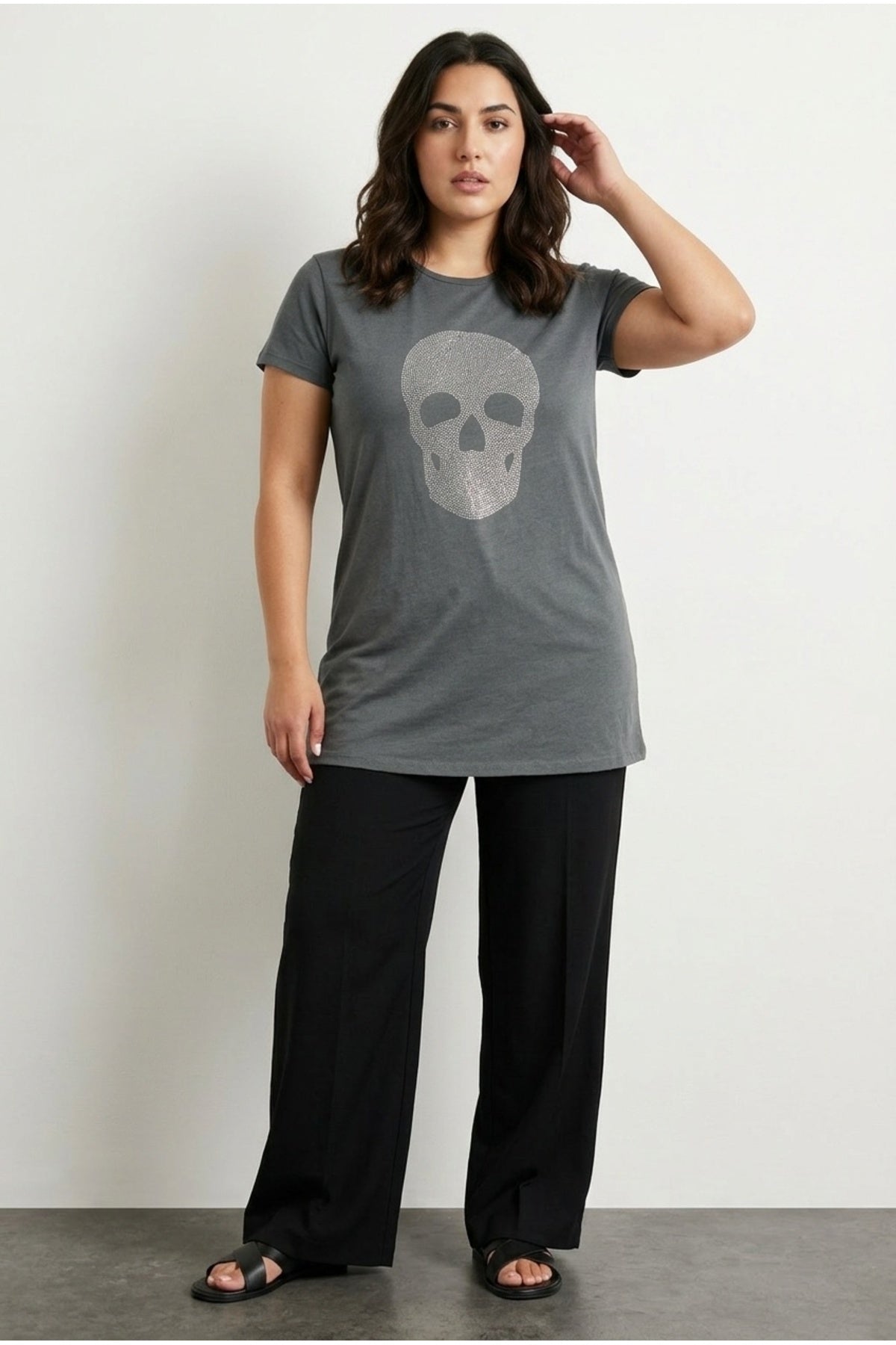 Plus Size Crew Neck Short Sleeve Skull Print Rhinestone T-shirt