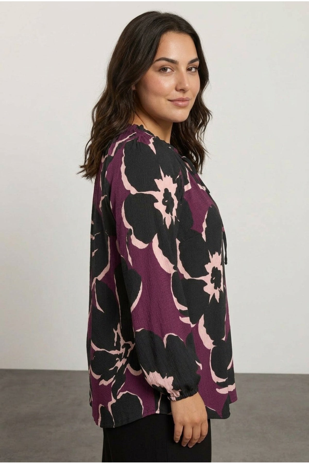 Plus Size Floral Print Long Sleeve Tie-Neck Blouse