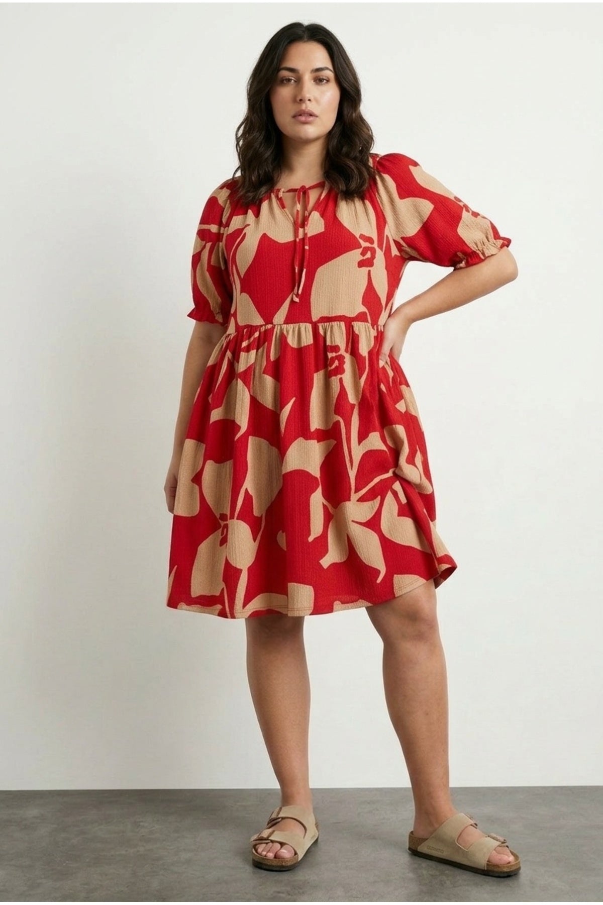 Plus Size V-Neck Crinkle Fabric Tie-Front Mini Dress