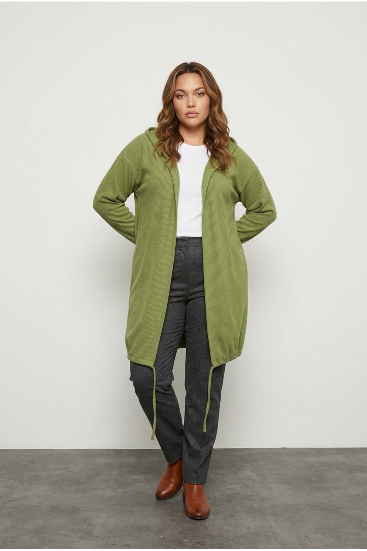 Plus Size Long Sleeve Hooded Open Front Ribbed Cardigan
