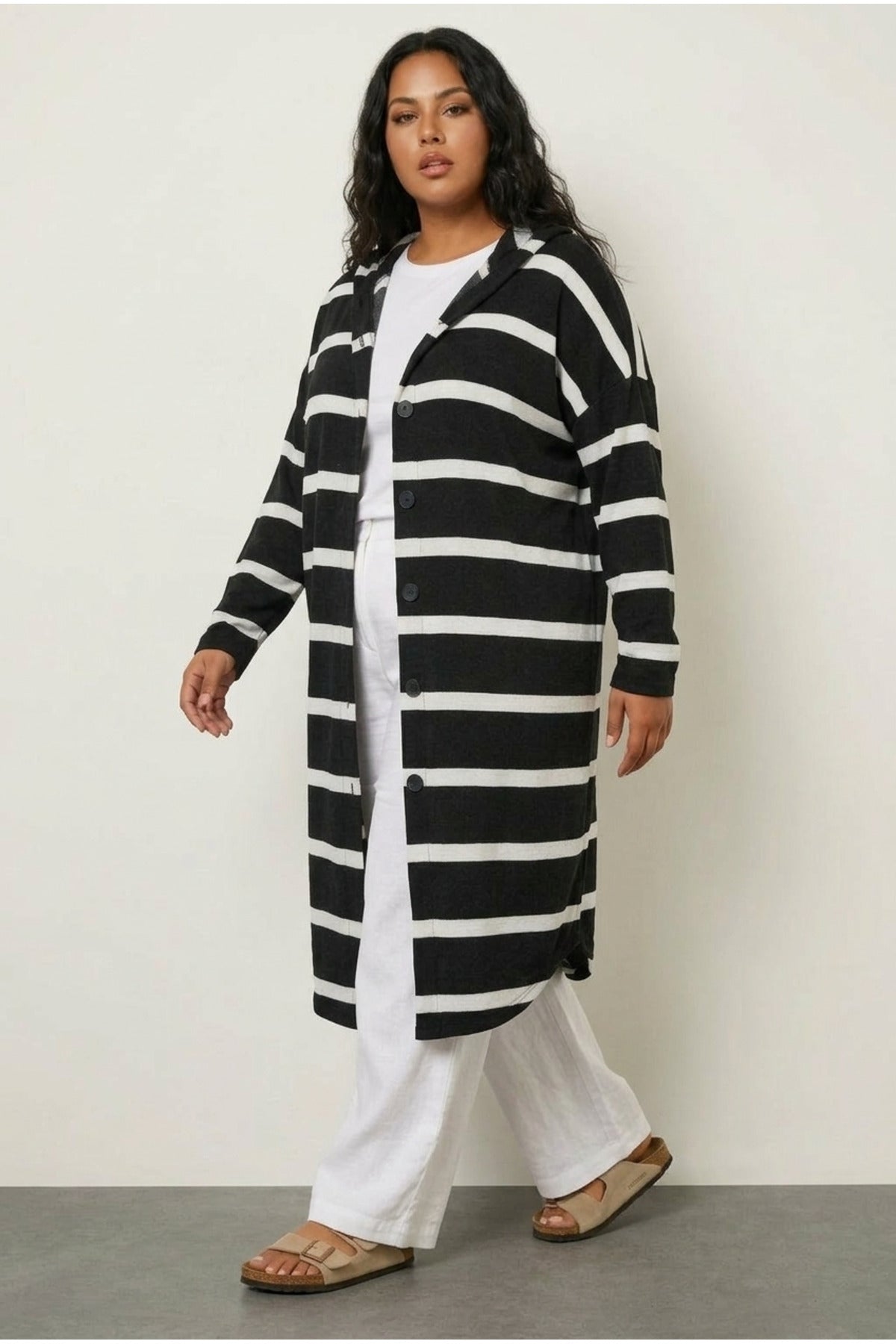 Plus Size Striped Stretchy Fabric Button-Front Pocketed Long Cardigan