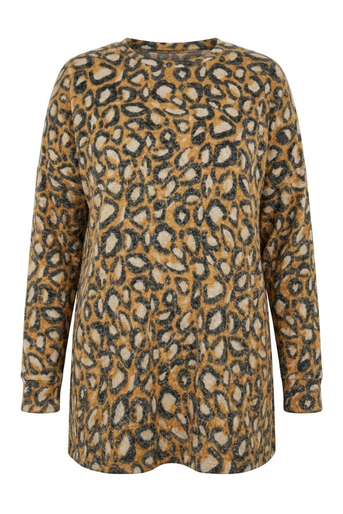 Plus Size Crew Neck Orange Leopard Print Plush Sweater