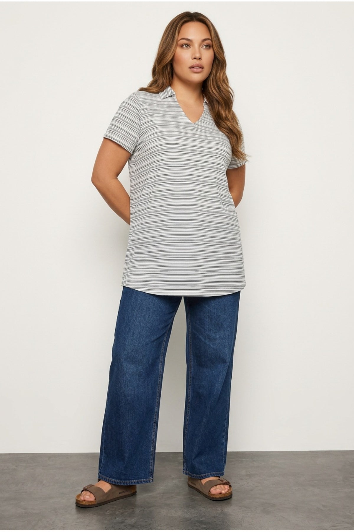 Plus Size Short Sleeve V-Neck Striped Blouse