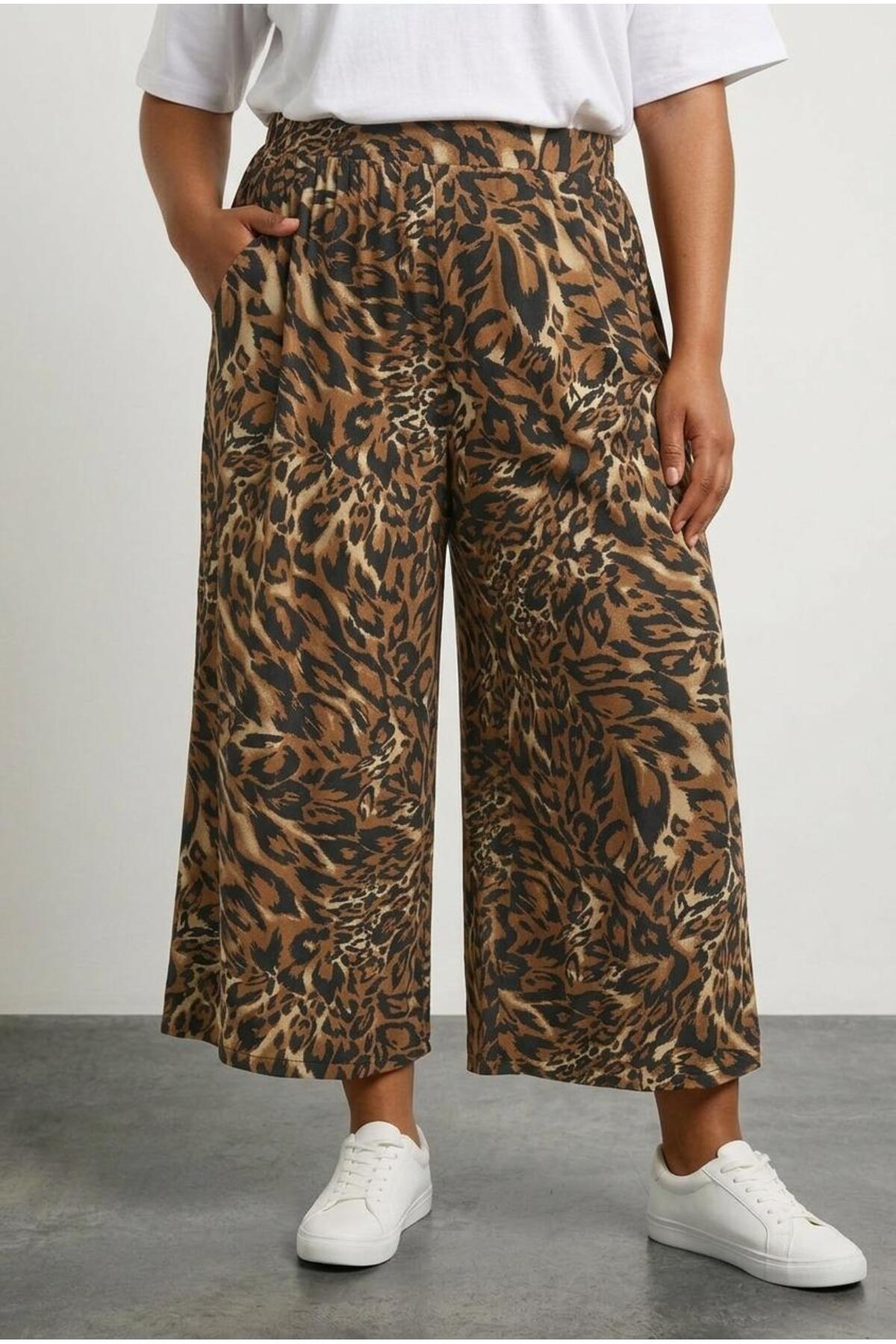 Plus Size Elastic Waist Wide Leg Leopard Print Pocketed Trousers