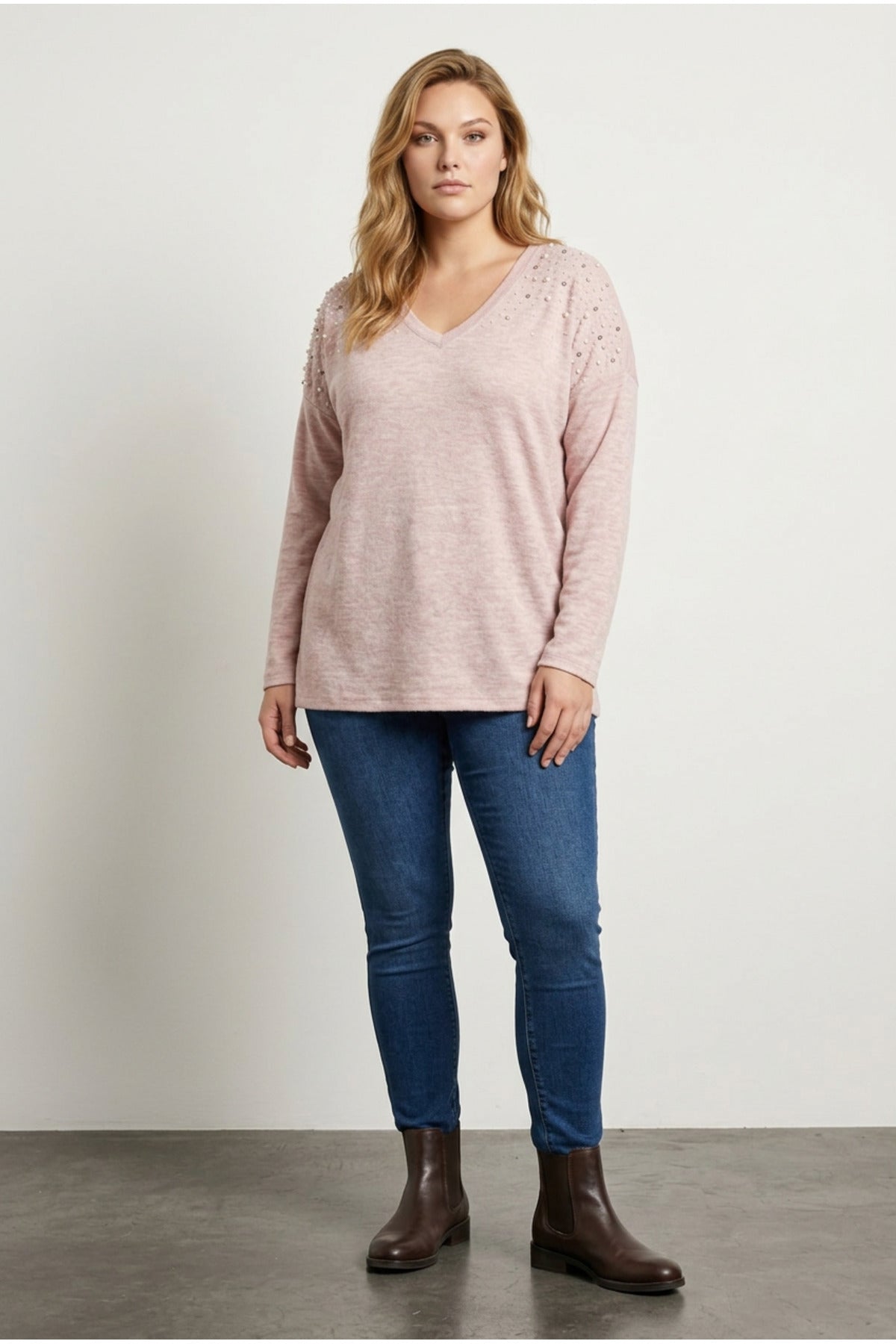Plus Size V-Neck Long Sleeve Beaded Plush Sweatshirt