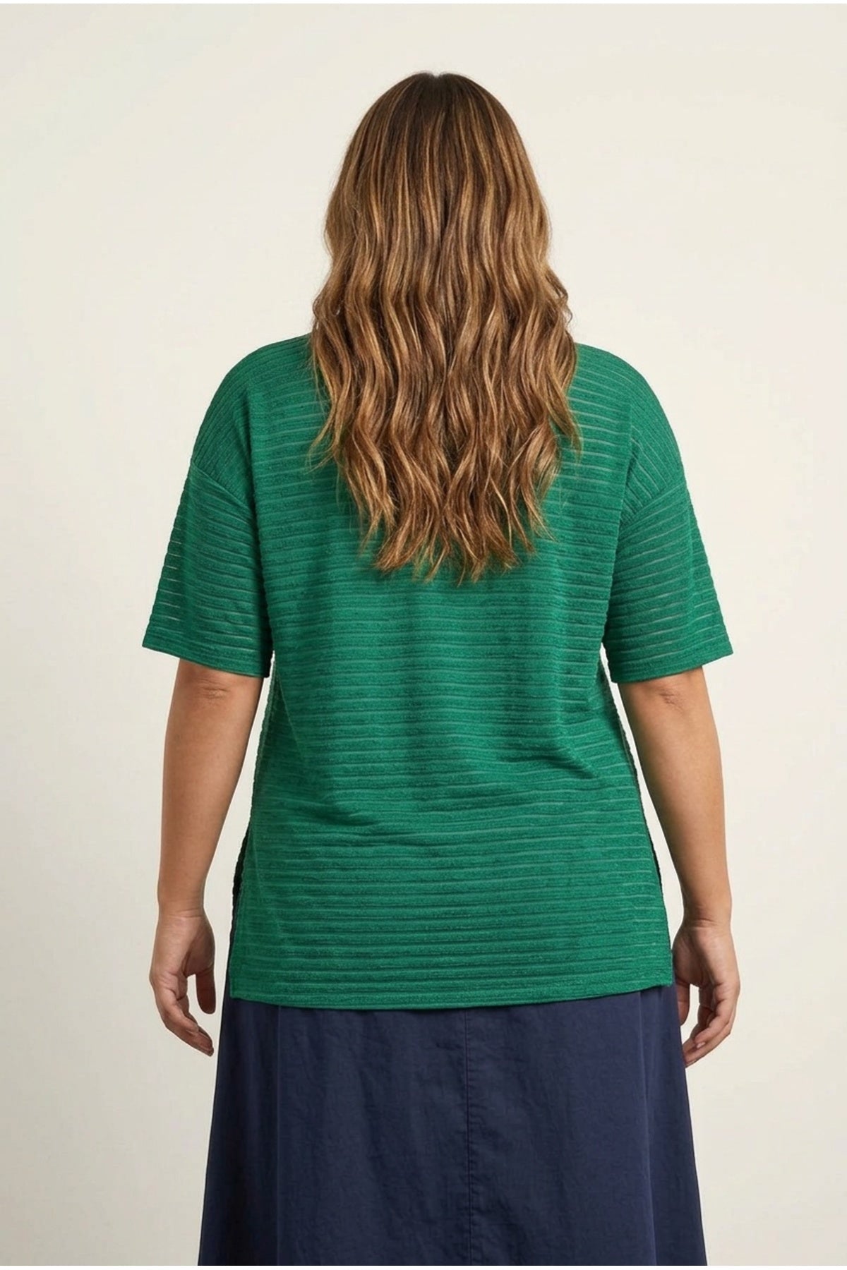 Plus Size Crew Neck Half Sleeve Slit Striped Mesh Blouse