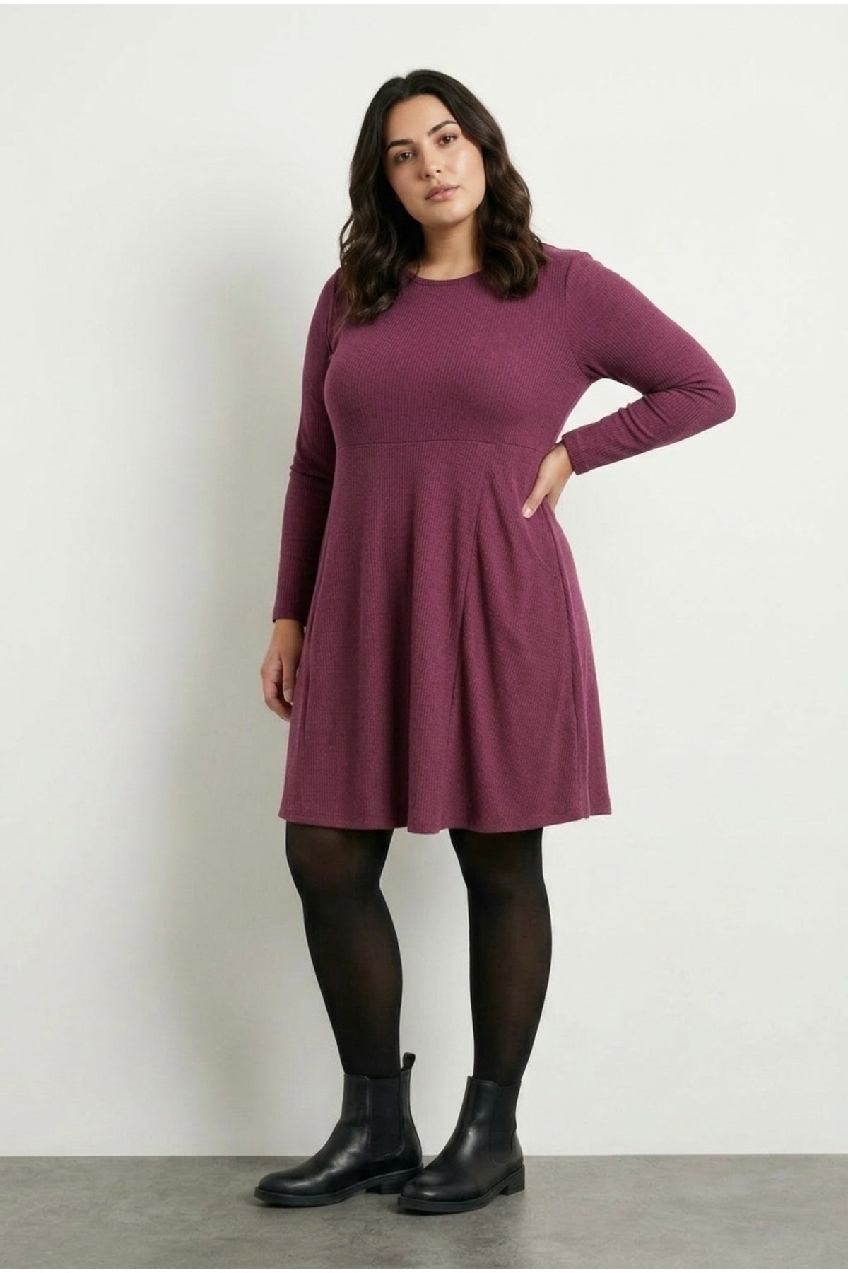 Plus Size 3/4 Sleeve Crew Neck Asymmetric Pocketed Dress