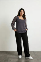 Plus Size Long Tulle Sleeve Stone Embellished Front Crew Neck Blouse