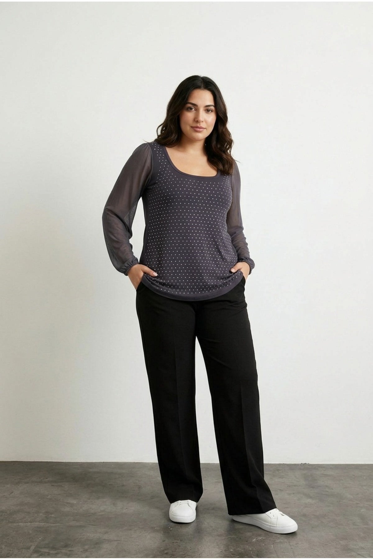 Plus Size Long Tulle Sleeve Stone Embellished Front Crew Neck Blouse